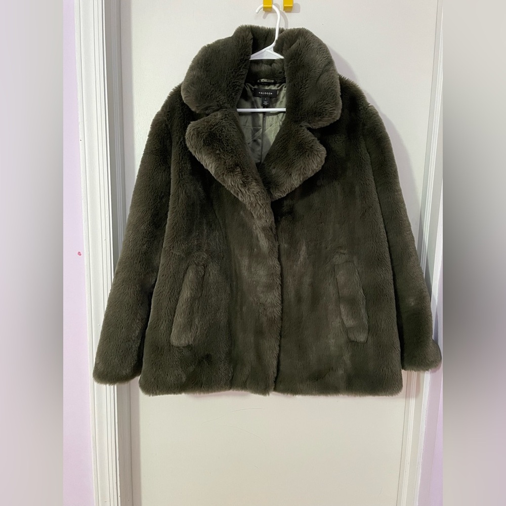 Halogen faux fur coat, size L, like new